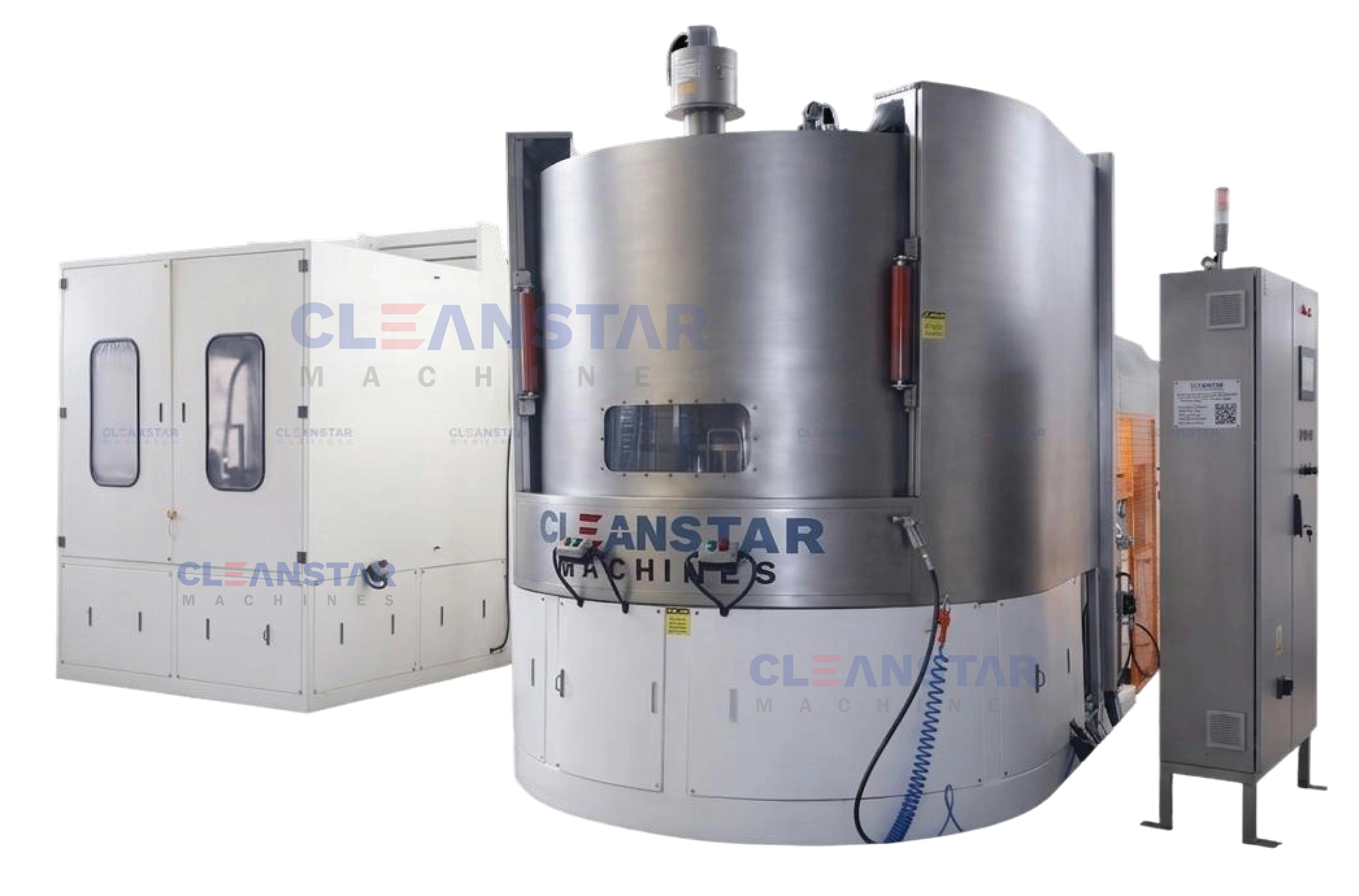 Top load parts washer cleaning industrial components inside stainless steel chamber